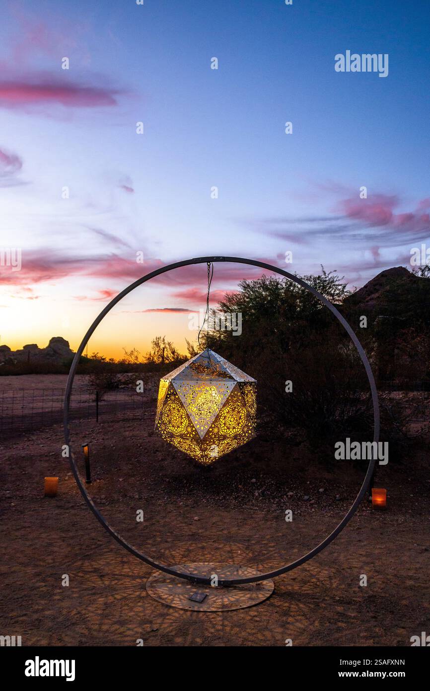 A nighttime view of intricate geometric light sculptures by HYBYCOZO ...