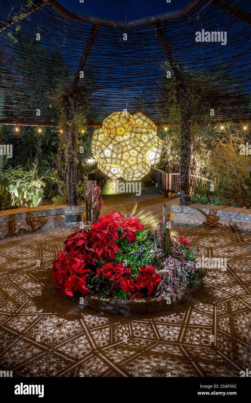 A nighttime view of intricate geometric light sculptures by HYBYCOZO ...