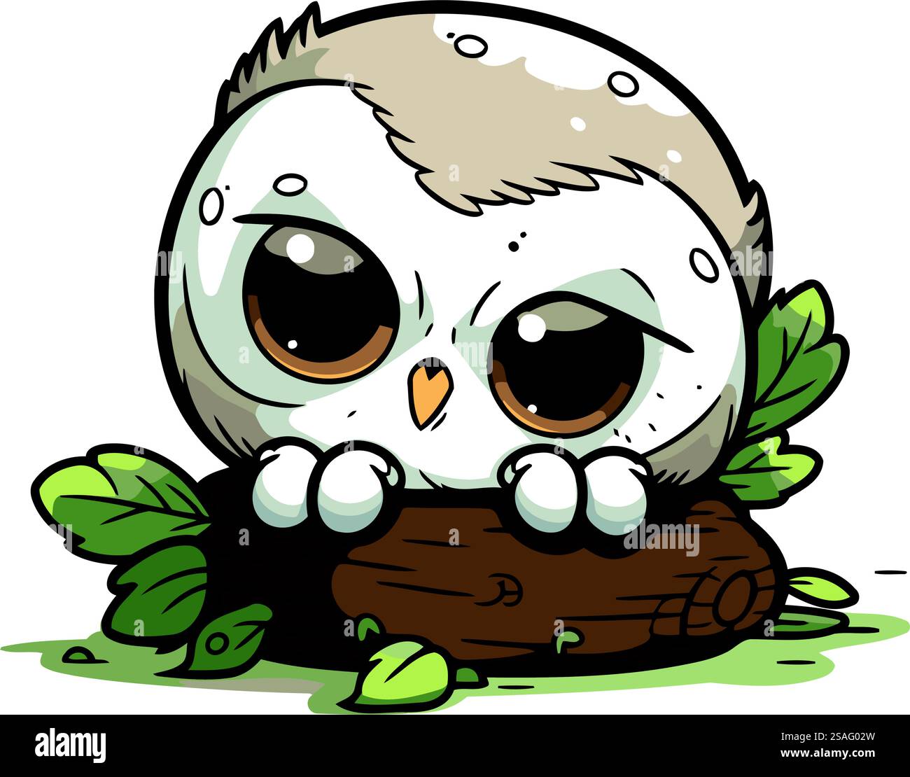 Cute cartoon owl sitting on a log with leaves. Vector illustration ...