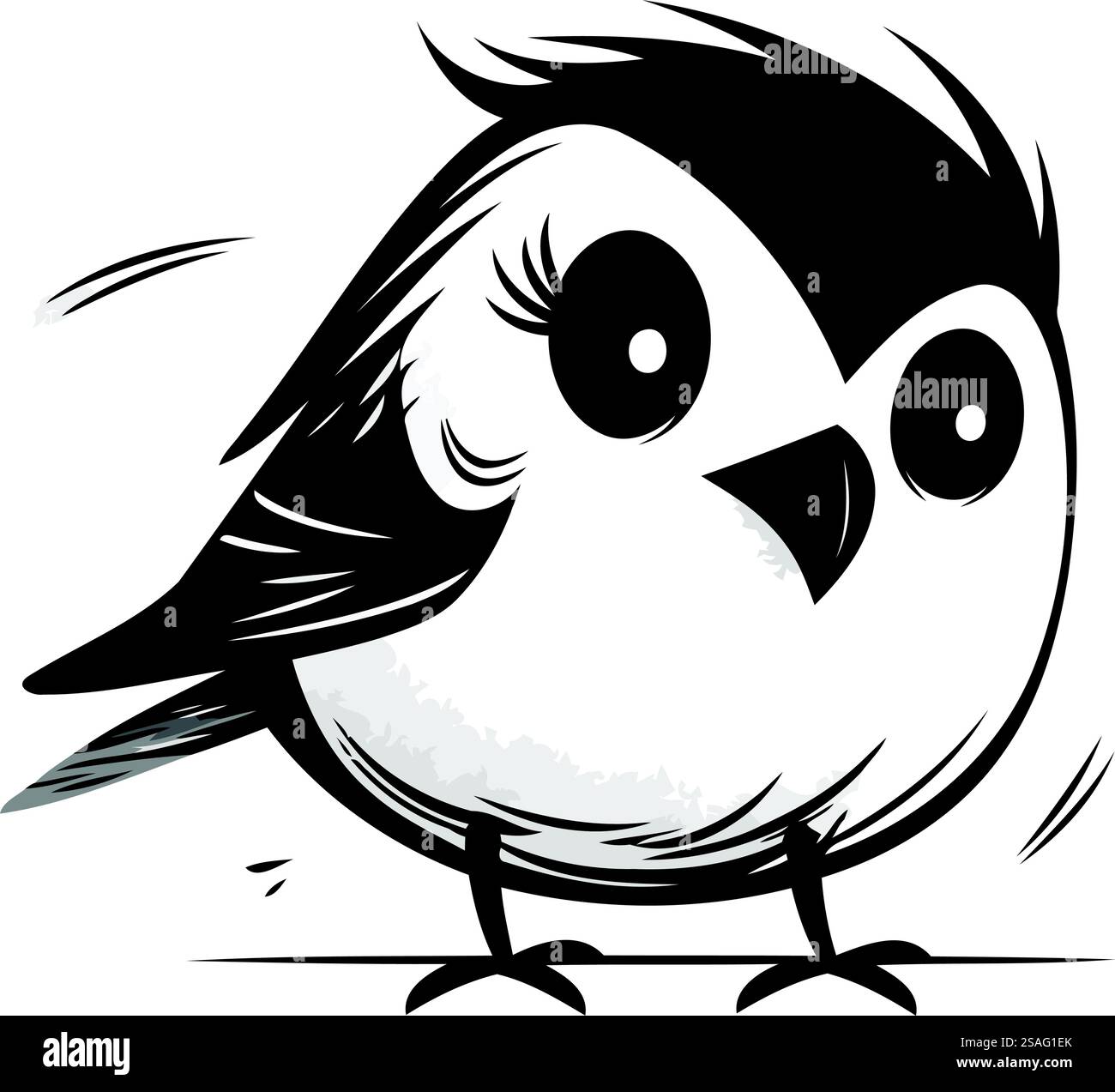 Black and white vector illustration of a cute cartoon little bird on a ...