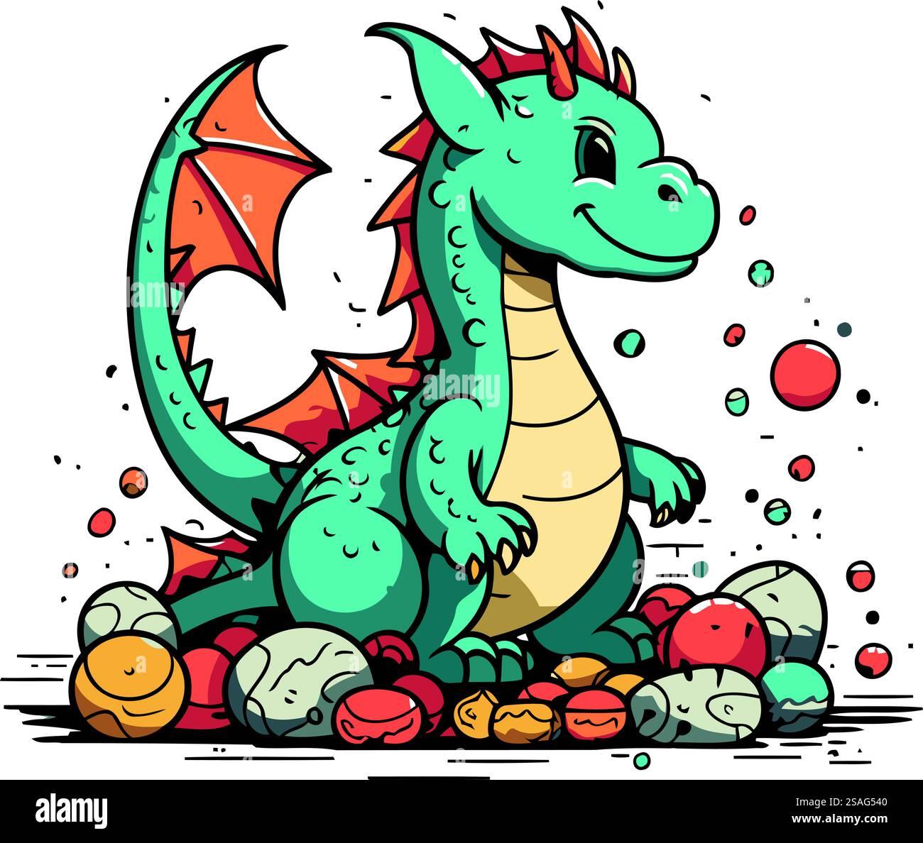 Cute cartoon dragon sitting on a pile of stones. Vector illustration ...