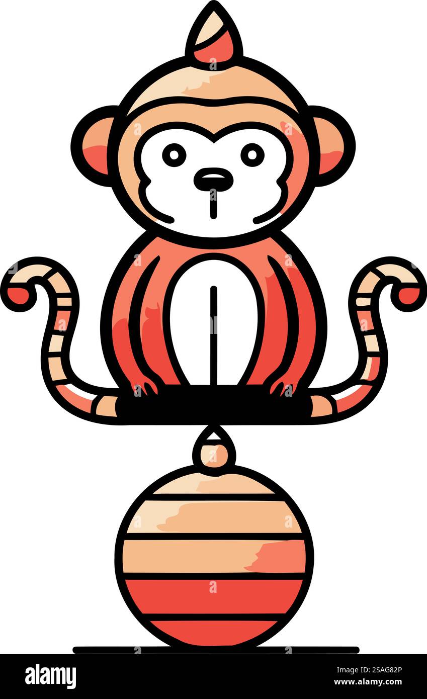 Cute cartoon monkey sitting on a balancing ball. Vector illustration ...