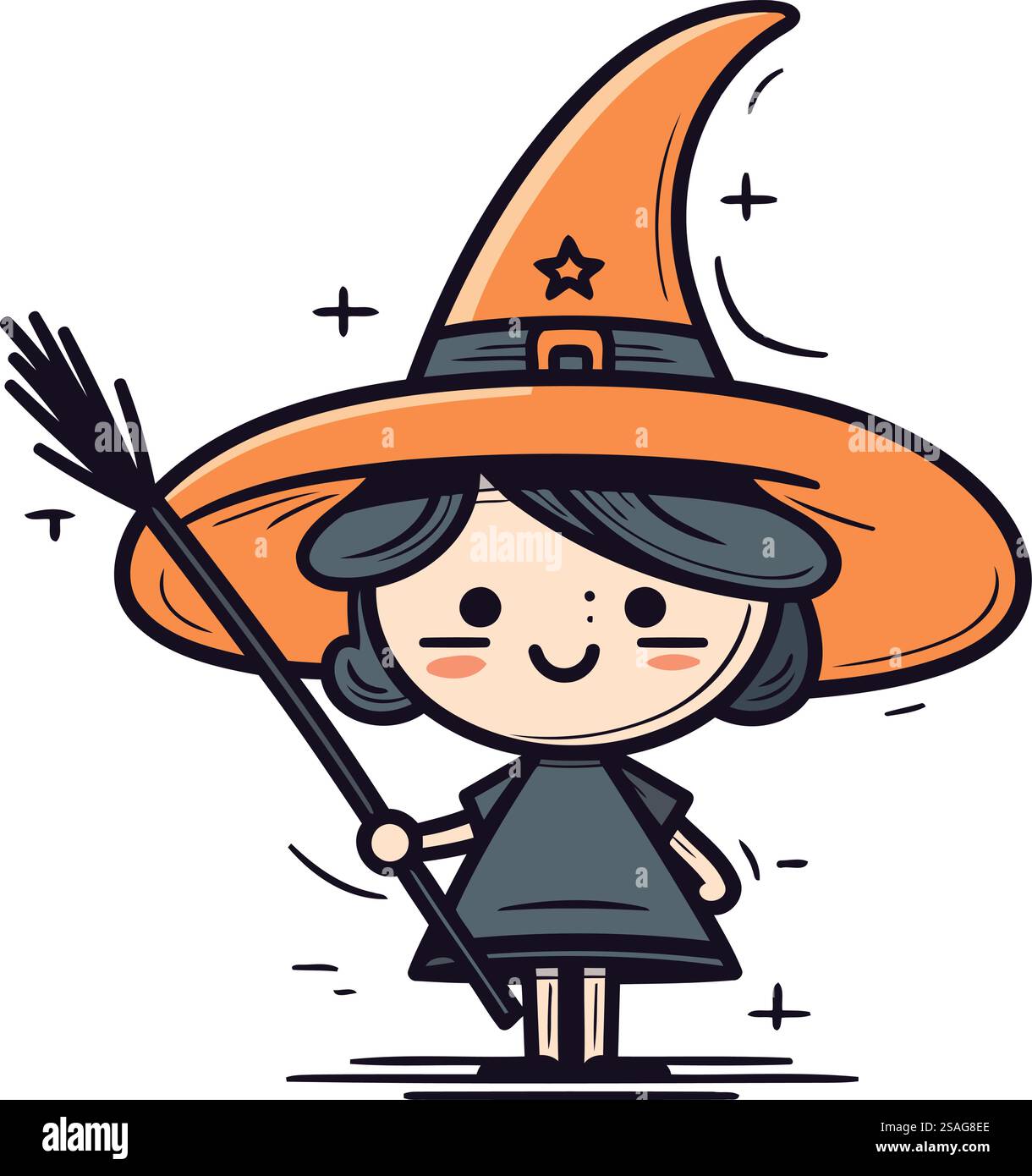Cute little girl dressed as a witch with a broom. Vector illustration ...