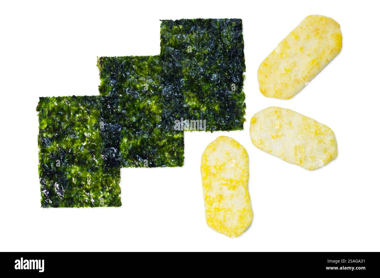 Assorted Seaweed and Rice Cracker Snacks Against a White Background Stock Photo