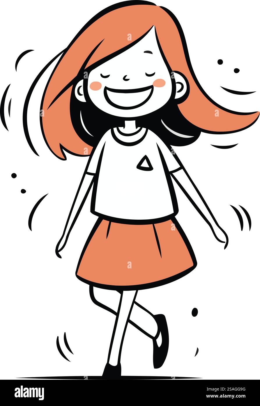 Vector illustration of a cute little girl with long hair in a dress ...