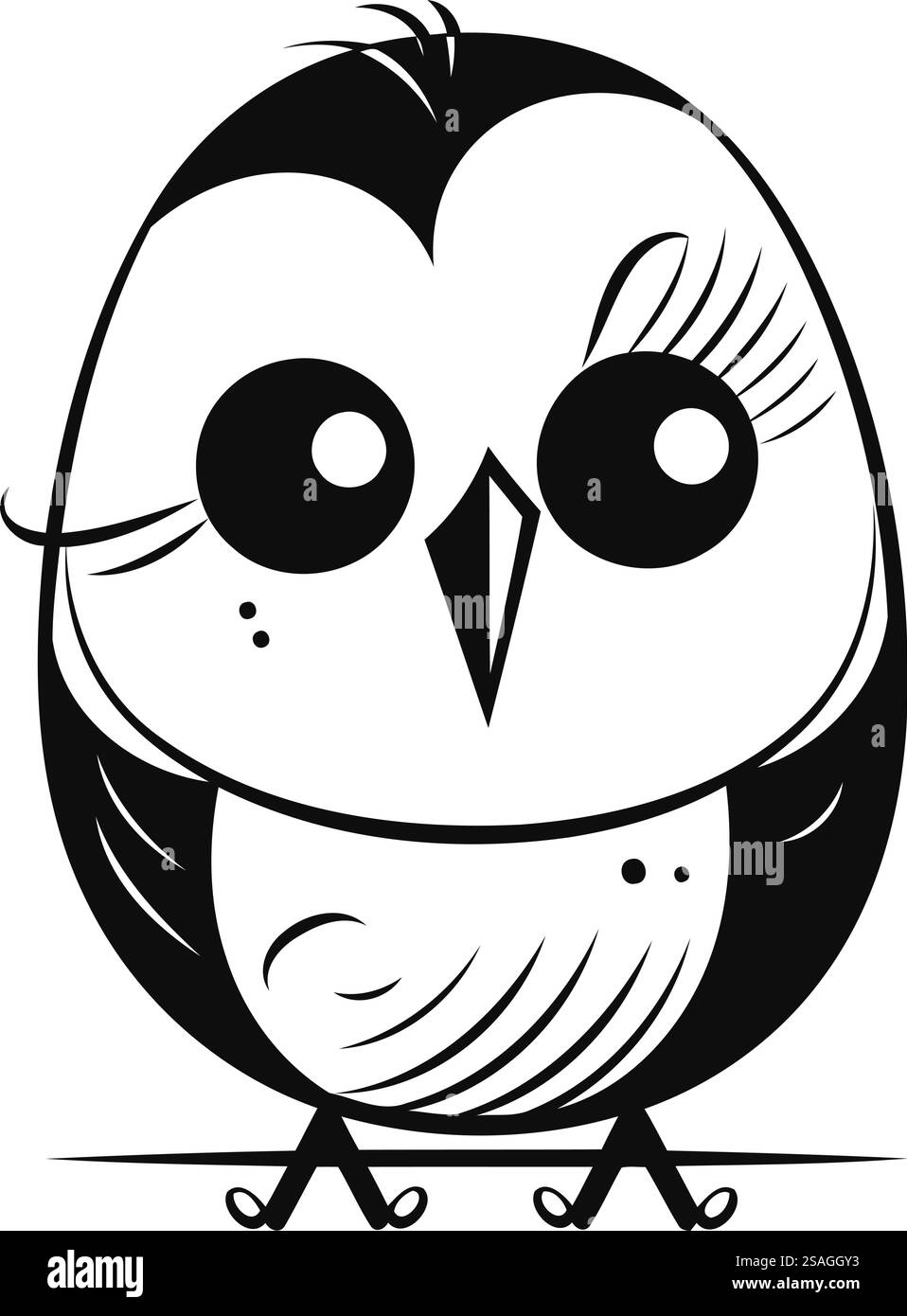Black and white vector illustration of a cute cartoon owl on a white ...