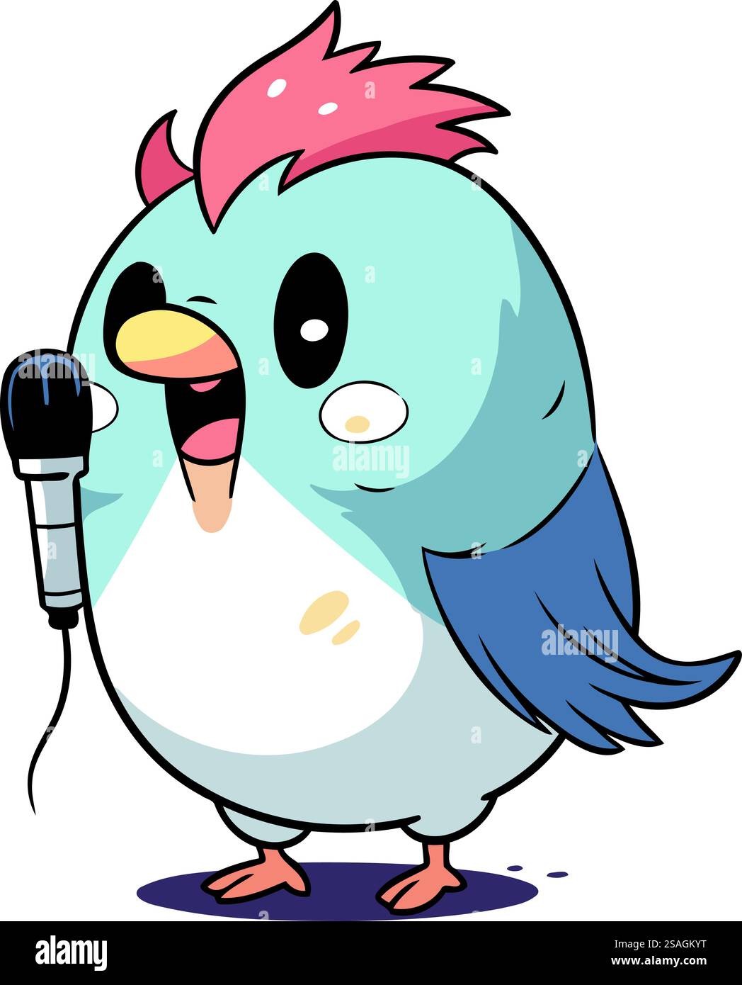 Cute cartoon bird singing karaoke with microphone vector illustration ...