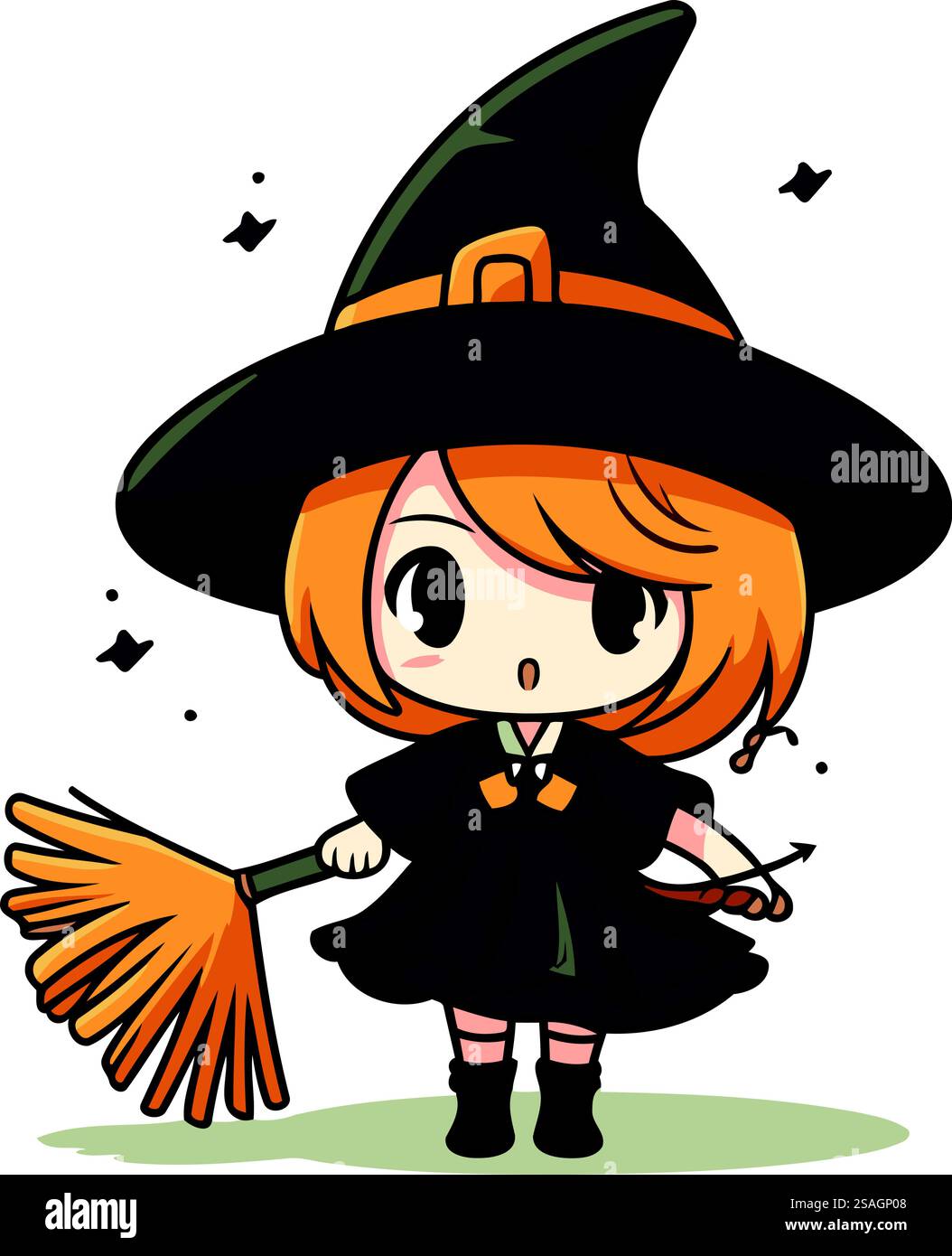 Cute little witch girl with hat and broom. Vector illustration Stock ...