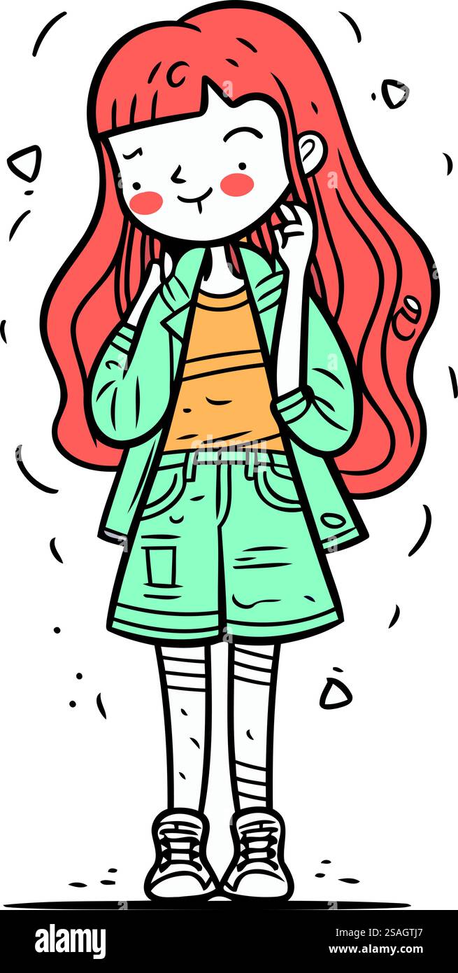 Cute little girl with long red hair in casual clothes. Vector ...