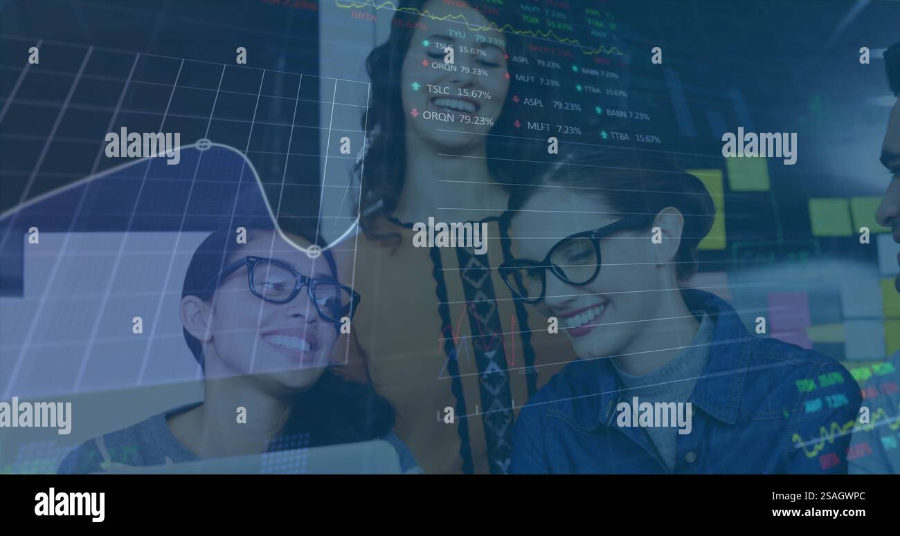 Image of data processing and diagrams over diverse colleagues smiling ...