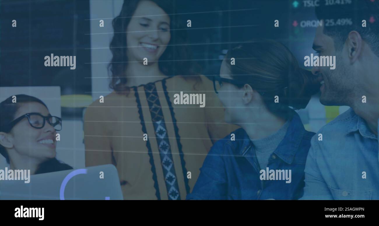 Image of data processing and diagrams over diverse colleagues smiling ...