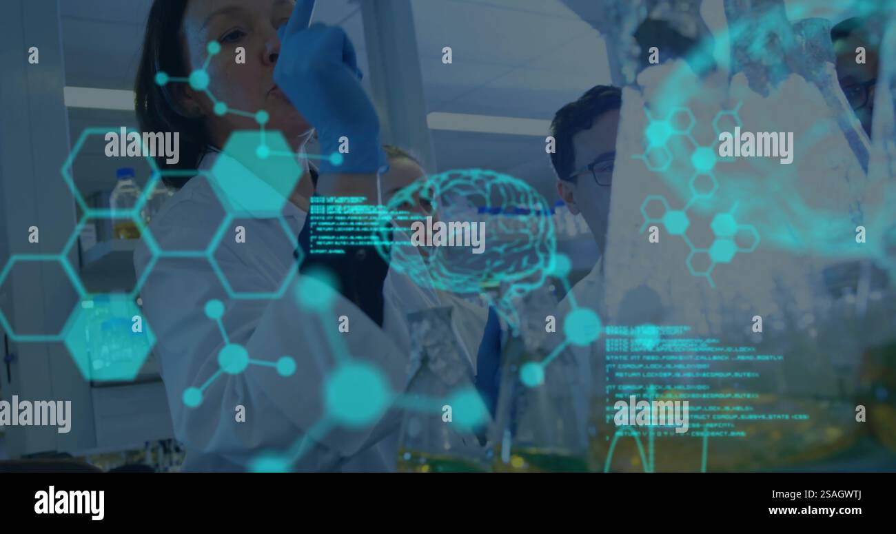 Image of scientific data processing over diverse scientists in laboratory Stock Photo