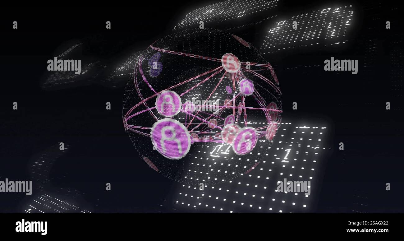 Image of network of connections with icons over binary coding Stock Photo