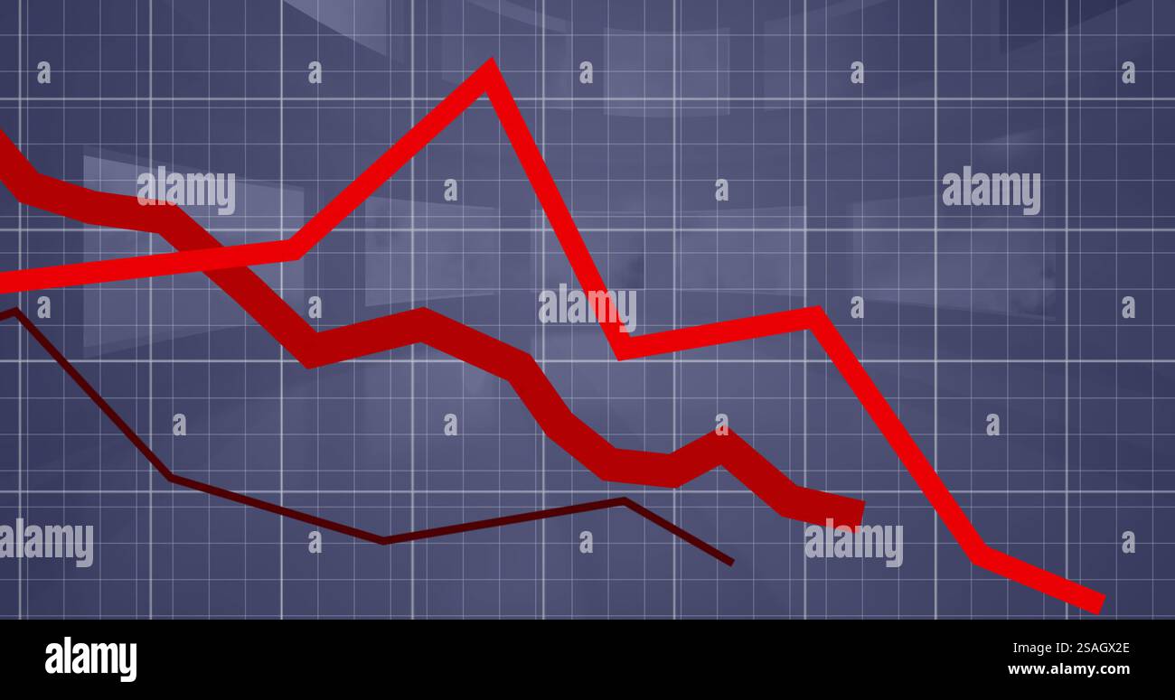 Image of red lines and data processing over office Stock Photo
