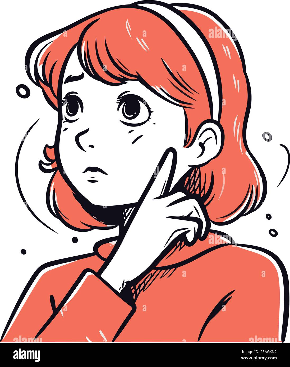 Vector illustration of a woman with red hair. thinking about something ...