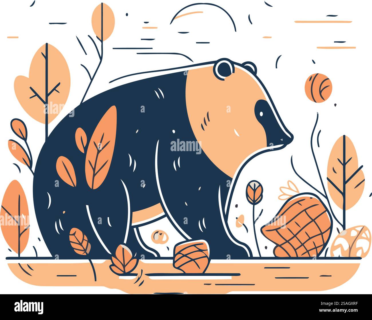 Vector illustration of a bear in the autumn forest. Cute hand drawn ...