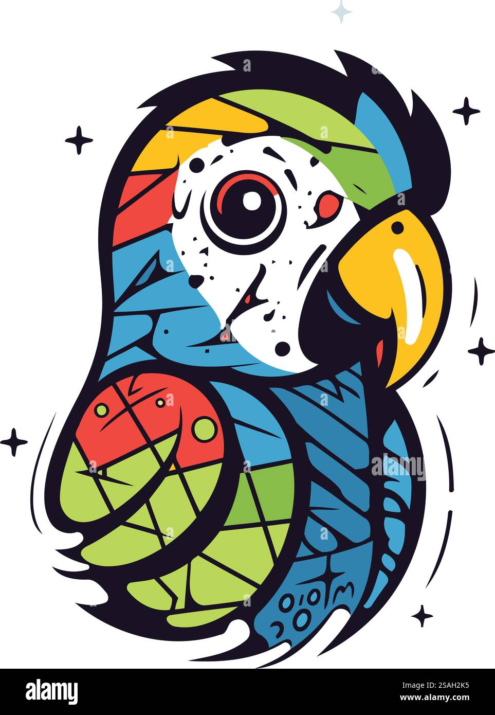 Colorful parrot on white background with stars. Vector illustration ...