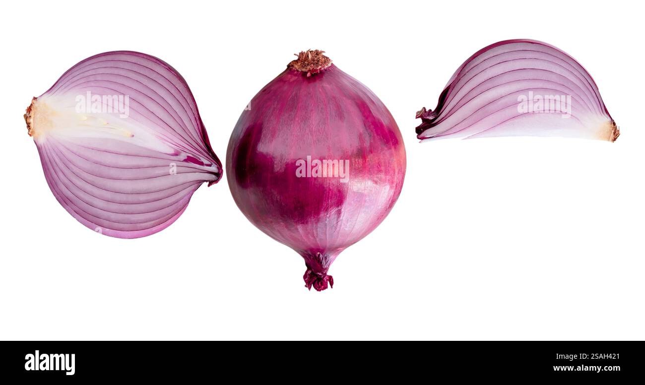 Top view of fresh red or purple onion with half and quarter in set is ...