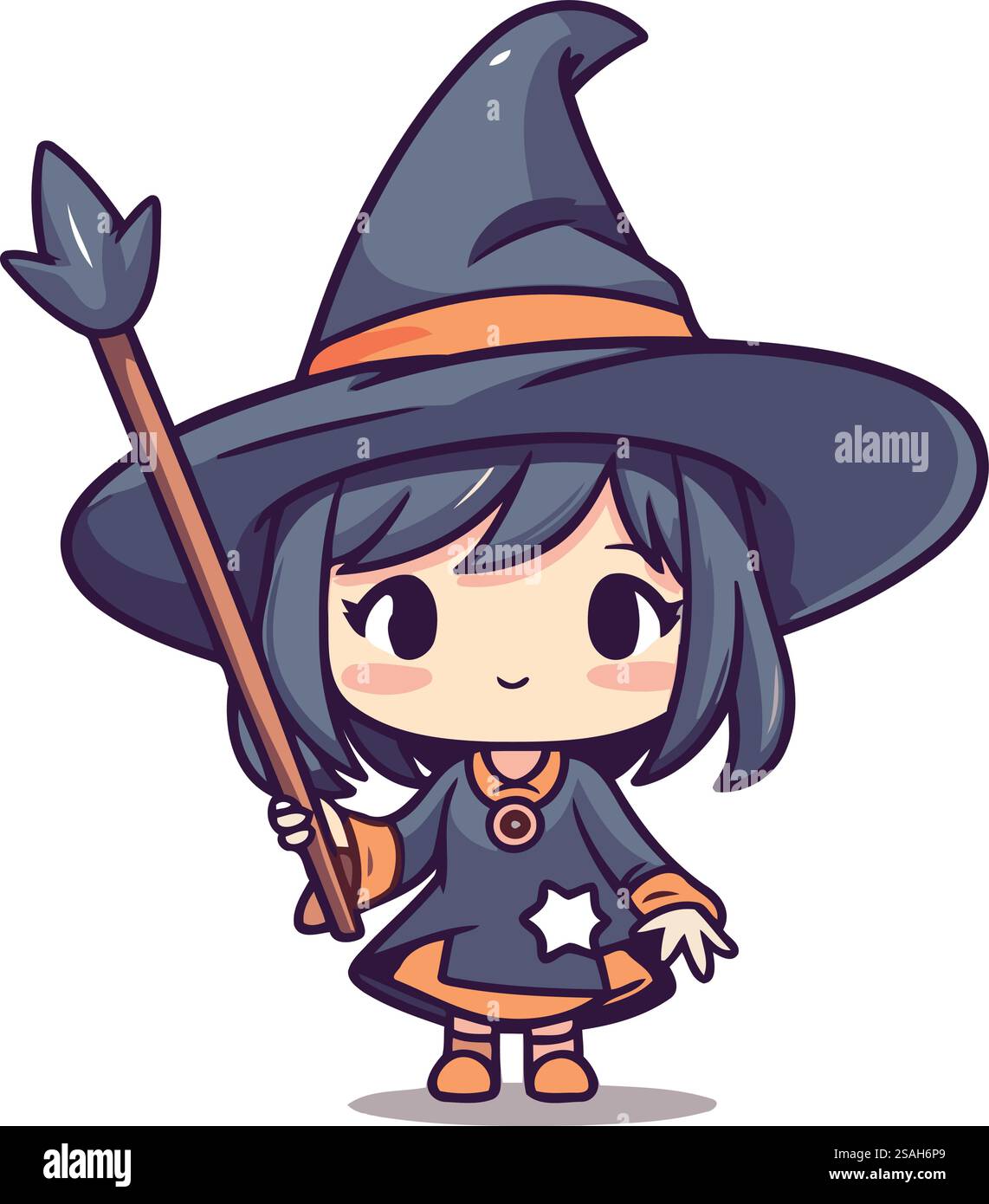 Cute little witch girl with broom and hat. Vector illustration Stock ...