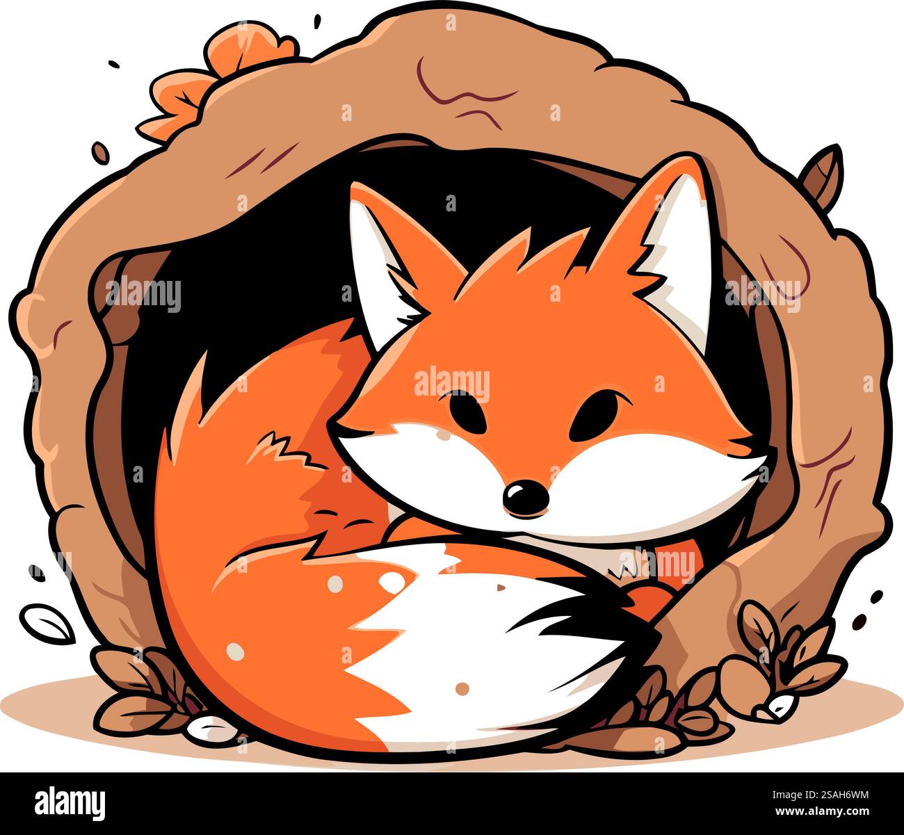 Illustration of cute fox in a hole. Vector illustration of a cartoon ...