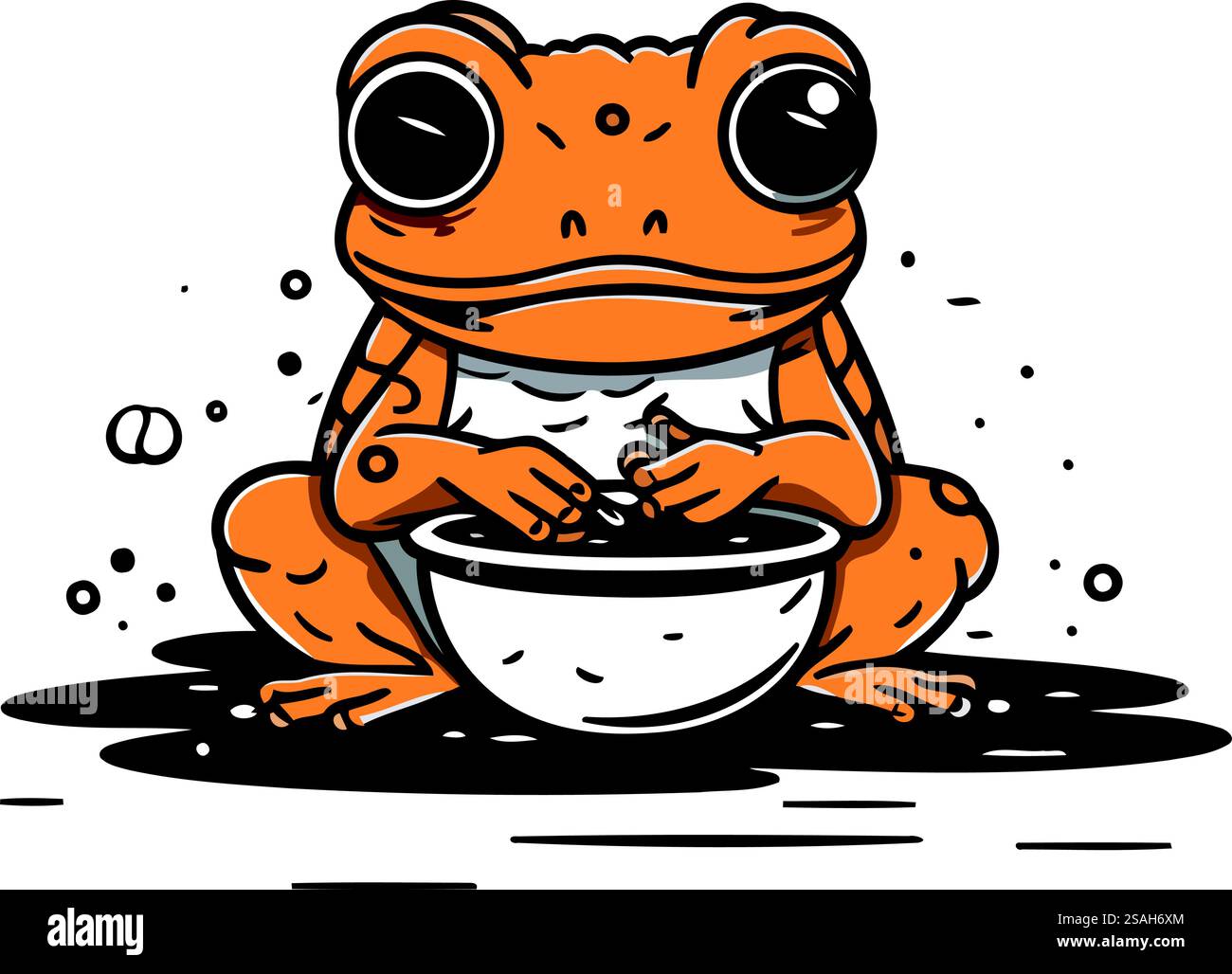 Cute cartoon frog with a bowl of water. Vector illustration Stock ...