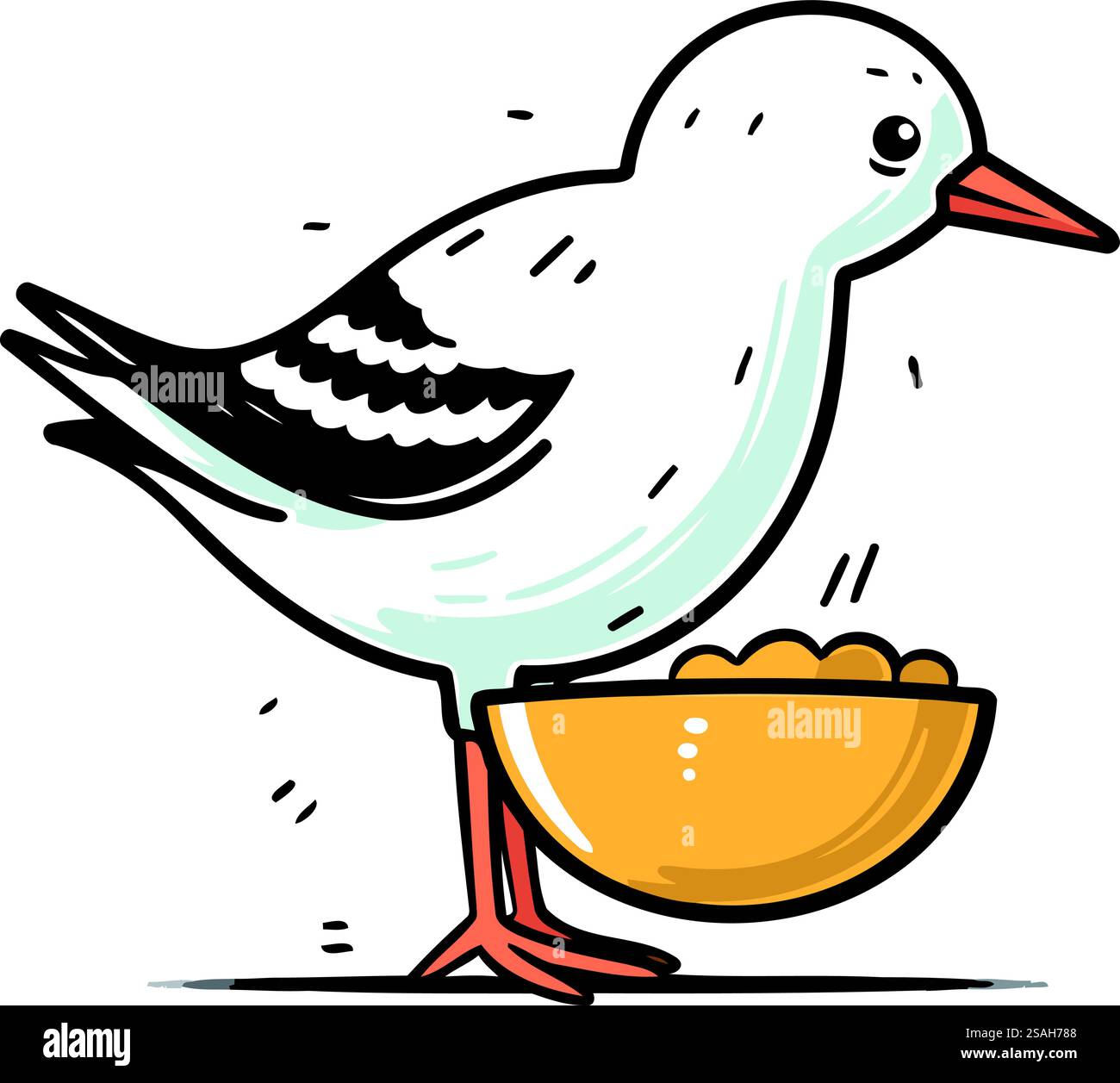 Vector illustration of a cute seagull eating food from a bowl Stock ...