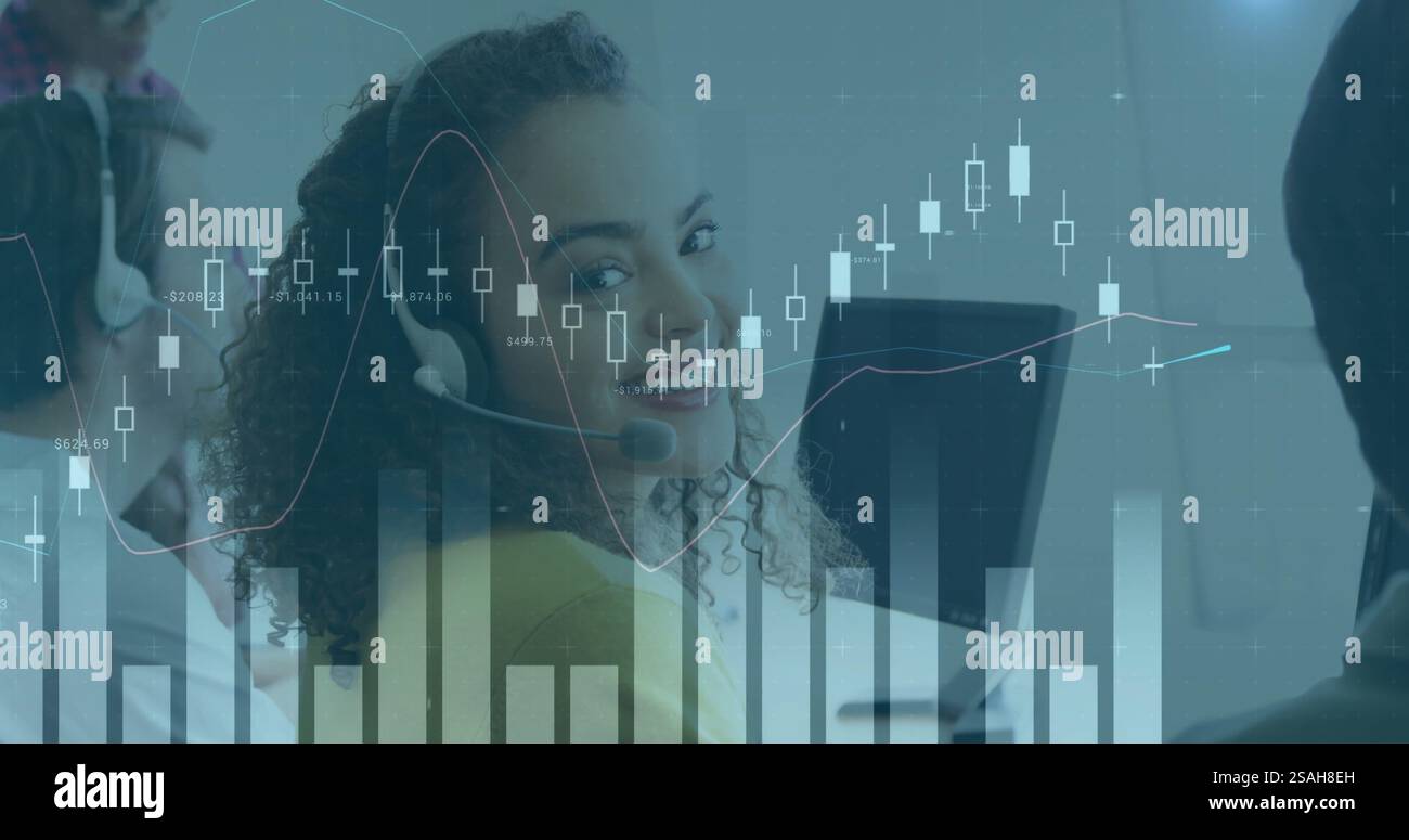Image of financial data processing over diverse colleagues using phone headsets and computers Stock Photo