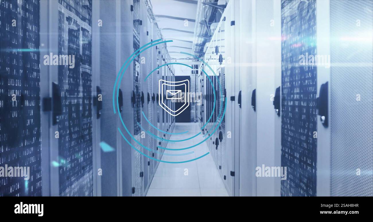 Image of shield icon and digital data processing over computer servers Stock Photo