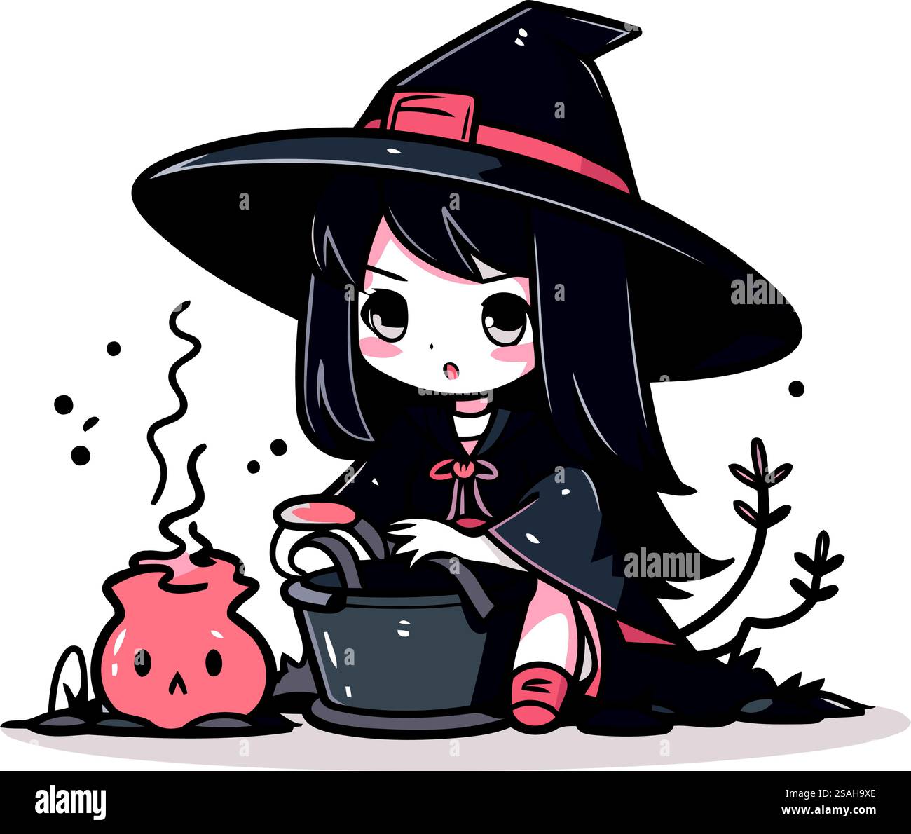 Cute little girl witch with a pot of potion. Vector illustration Stock ...