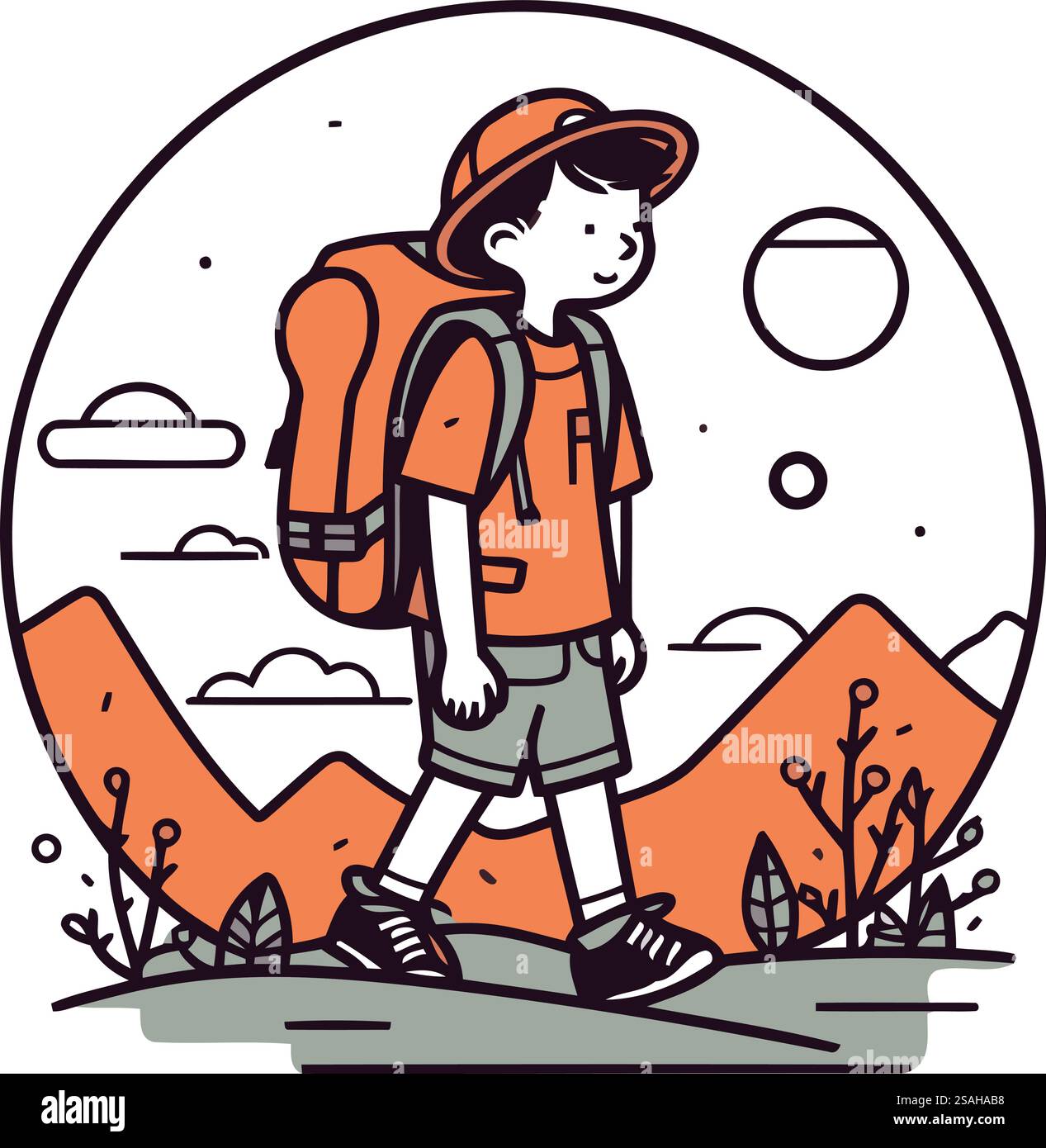 Vector illustration of a boy with a backpack hiking in the mountains ...