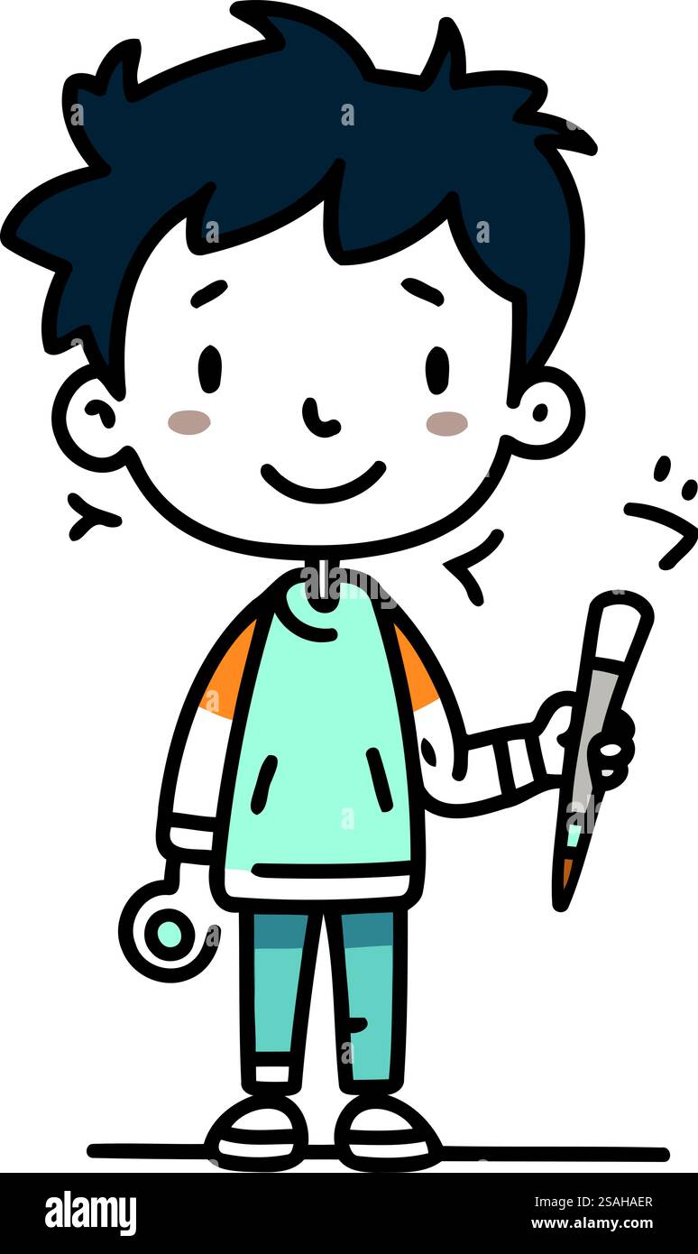 Cartoon vector illustration of a boy with a paint brush in his hand ...