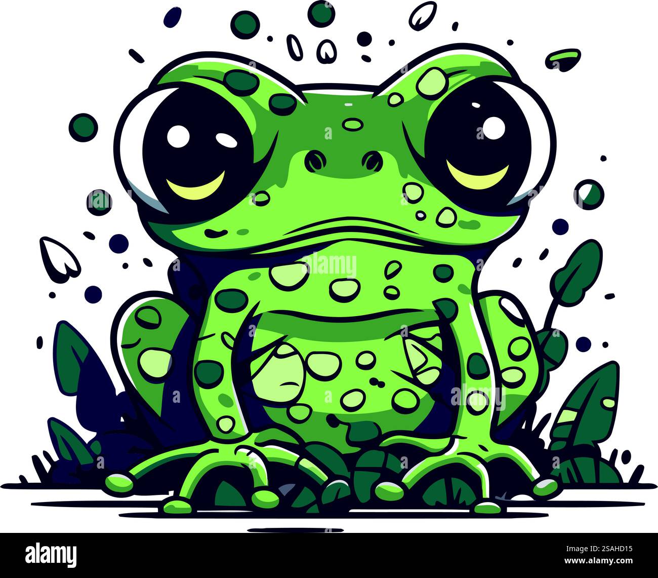 Cute cartoon green frog sitting on green grass. Vector illustration ...