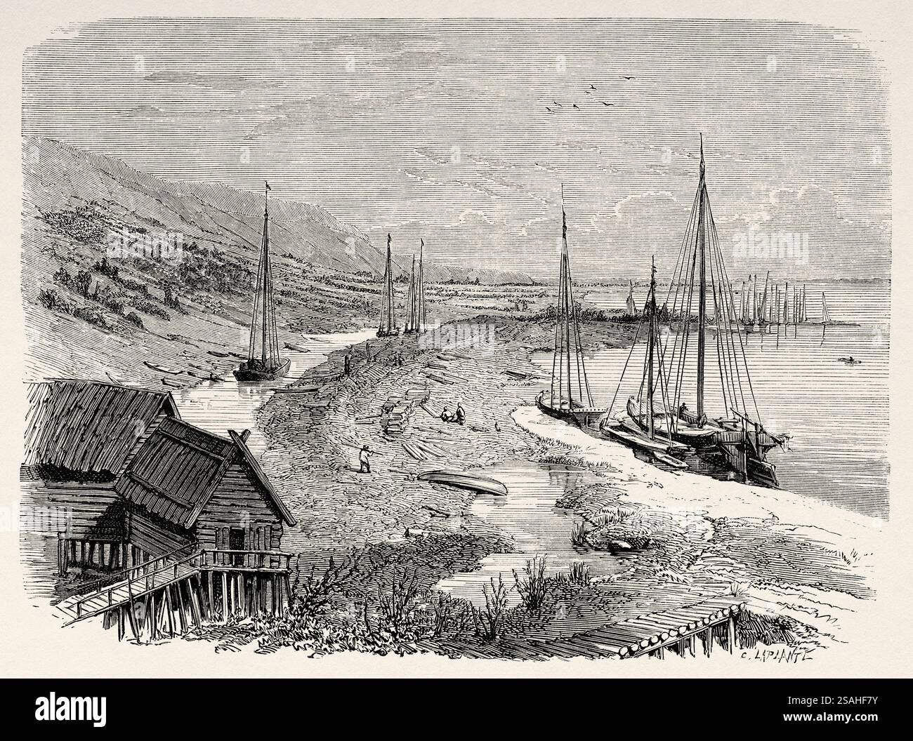 Moynet Isadji on the Volga river, downstream from Nizhny. Russia, drawing by ...