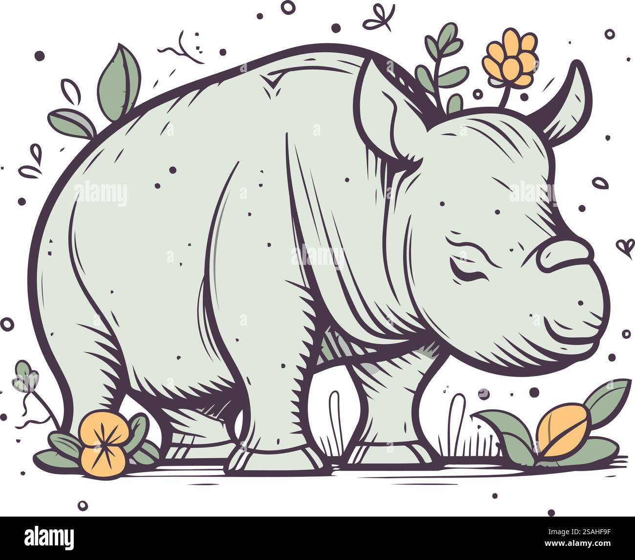 Cute rhinoceros with flowers and leaves. Vector illustration Stock ...