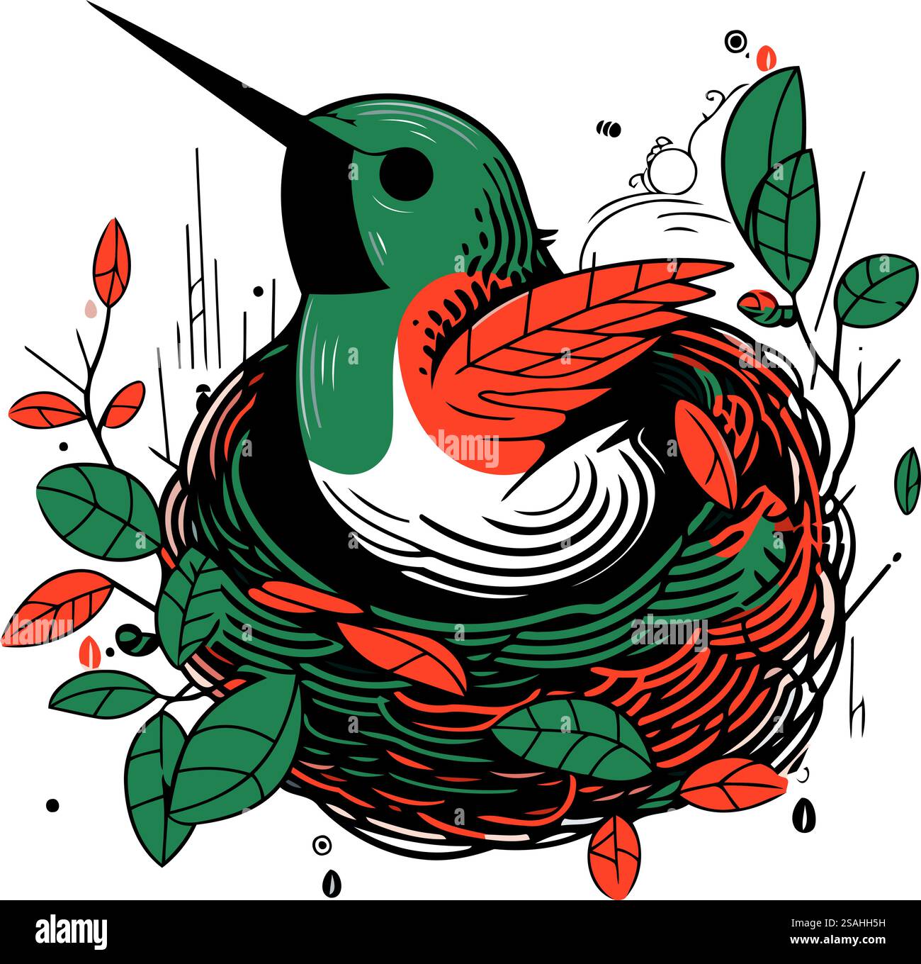 Hand drawn vector illustration of a hummingbird in a nest with leaves ...