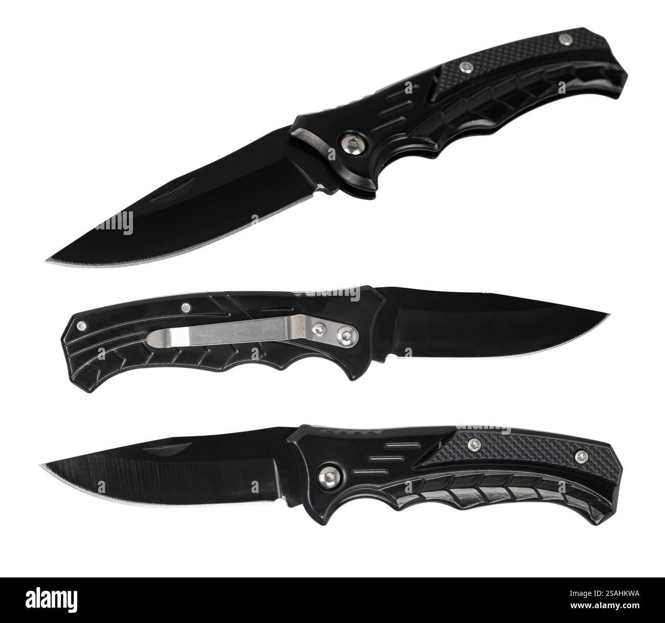 Black tactical knife on white background, isolate. Stock Photo
