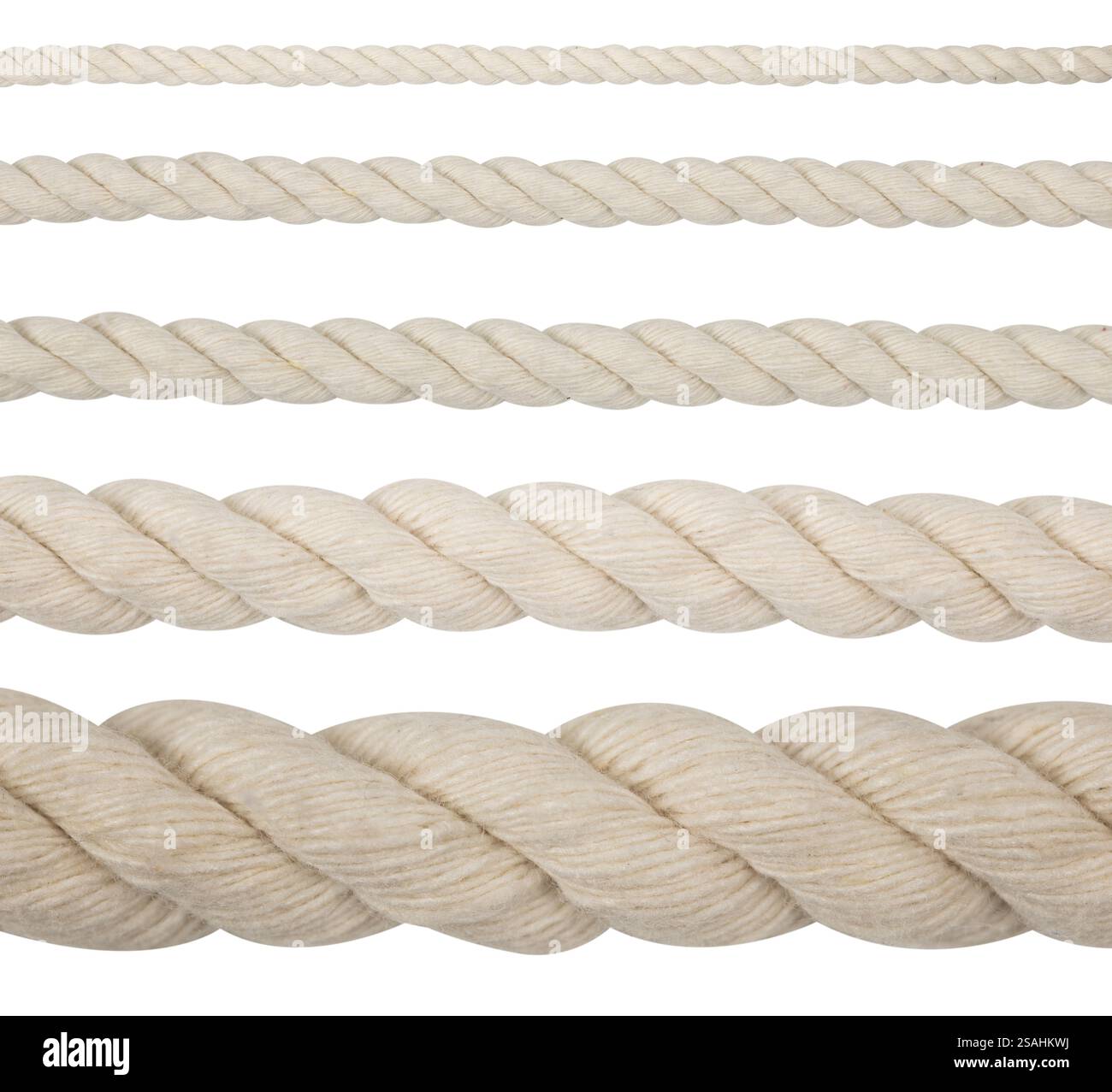 collection of various ropes on white background. each one is shot ...