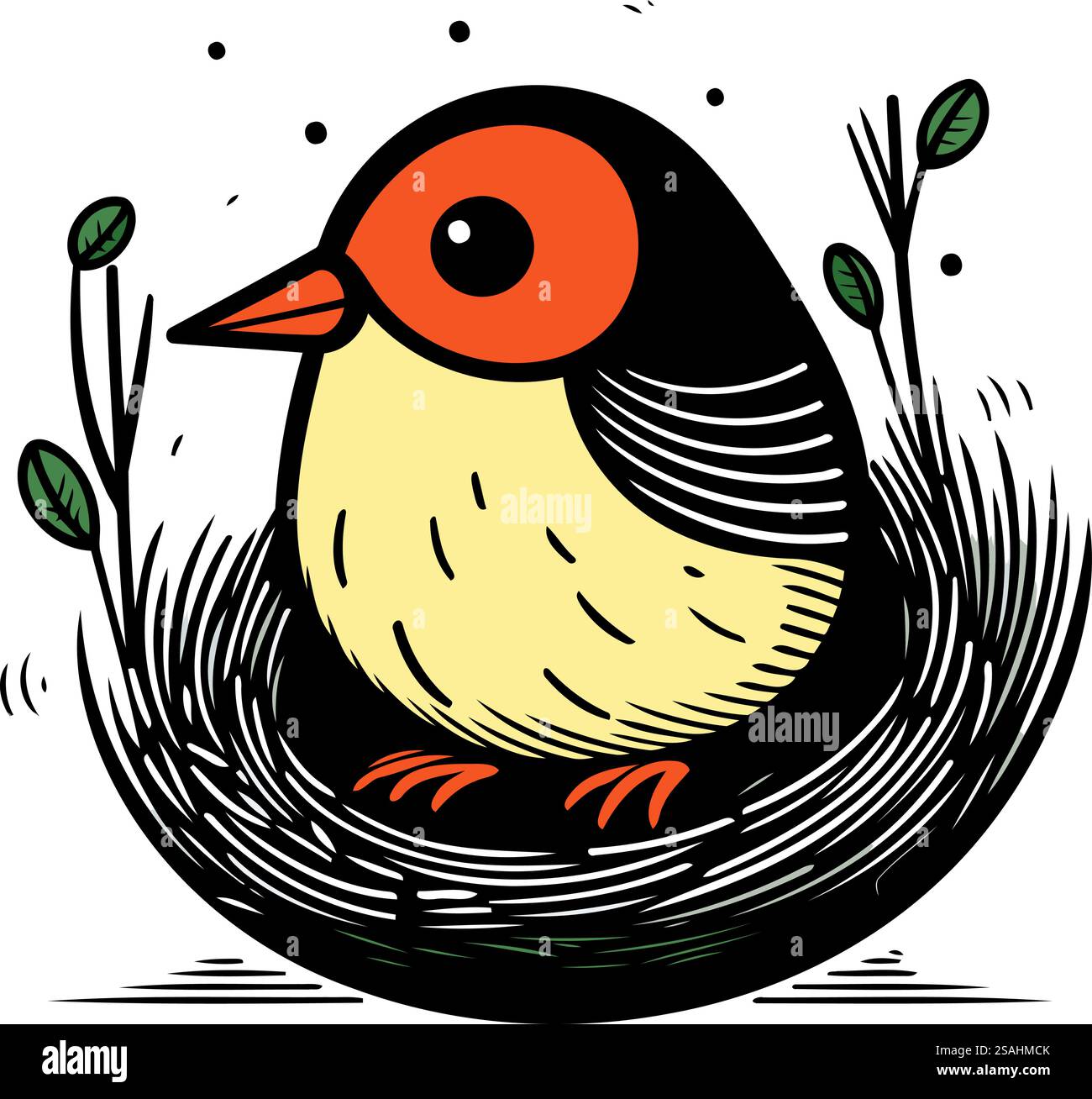 Cute little bird in the nest. Hand drawn vector illustration Stock ...