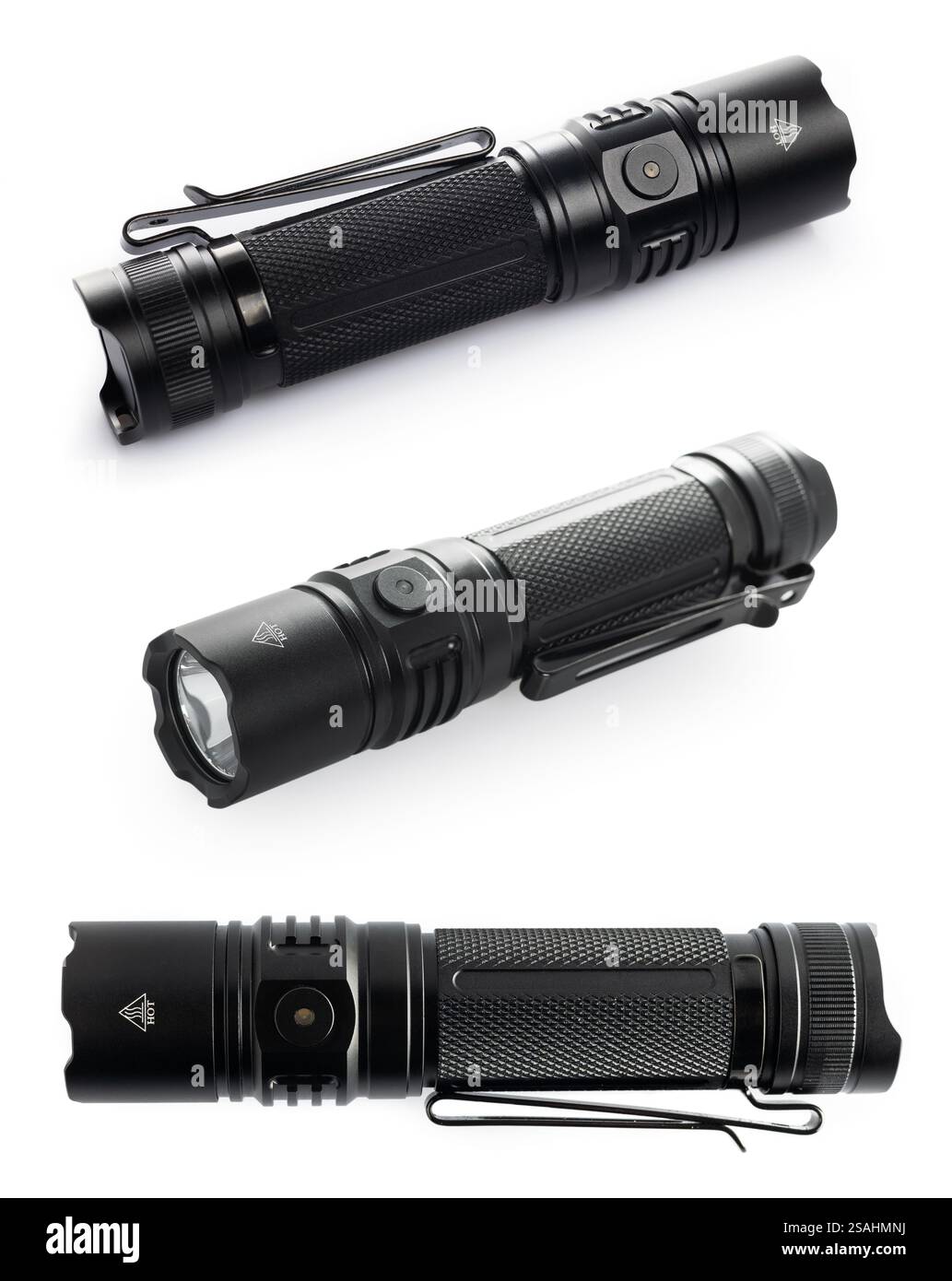 black rechargeable electric LED flashlight isolated on white background. Stock Photo
