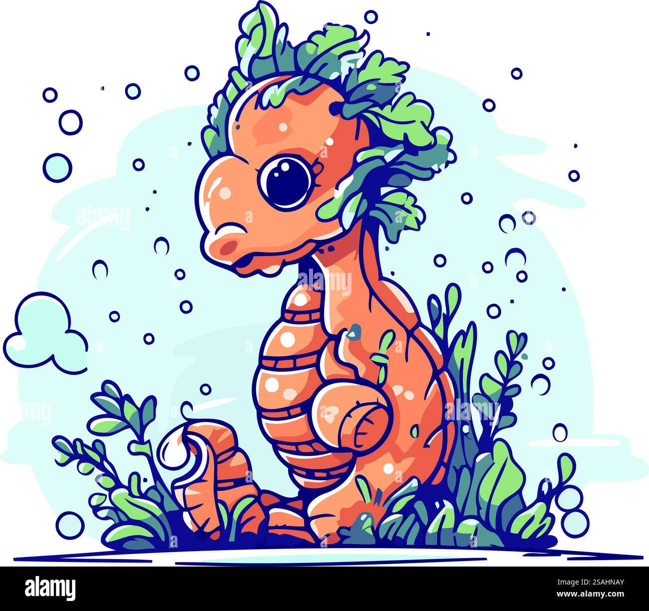 Cute cartoon seahorse with carrot. Vector illustration in doodle style ...