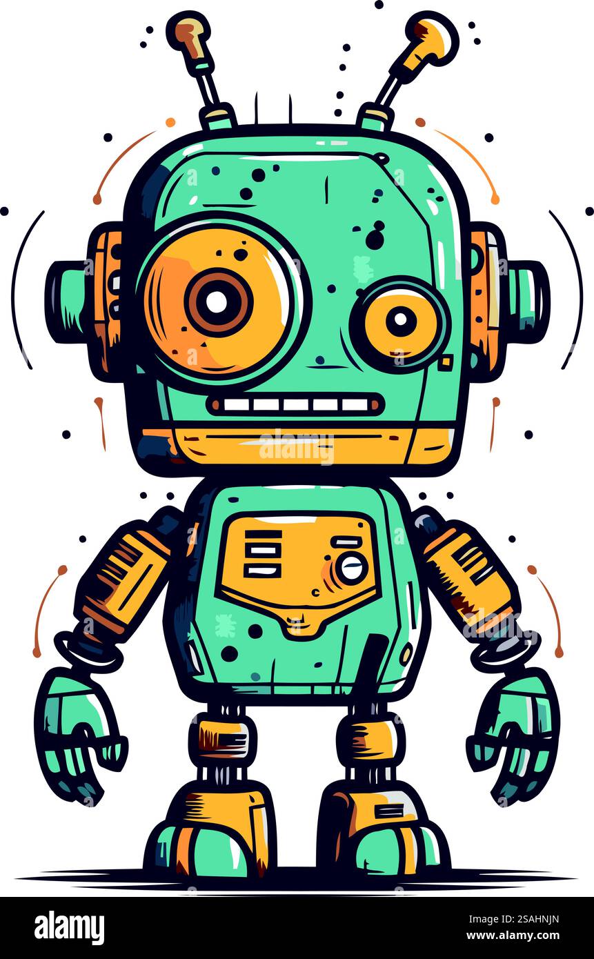 Cute cartoon robot. Hand drawn vector illustration. Doodle style Stock ...