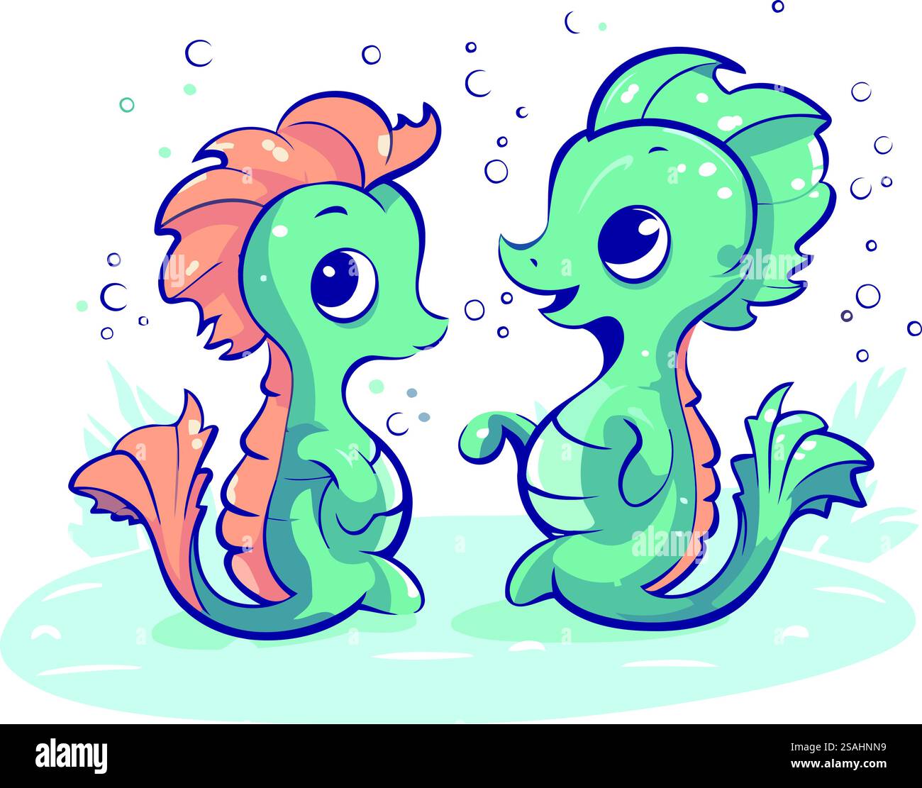 Two cute cartoon seahorses in the water. Vector illustration Stock ...