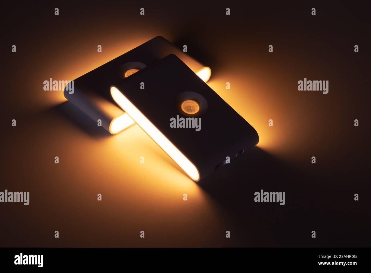 Two small solar night led light with motion sensor Stock Photo