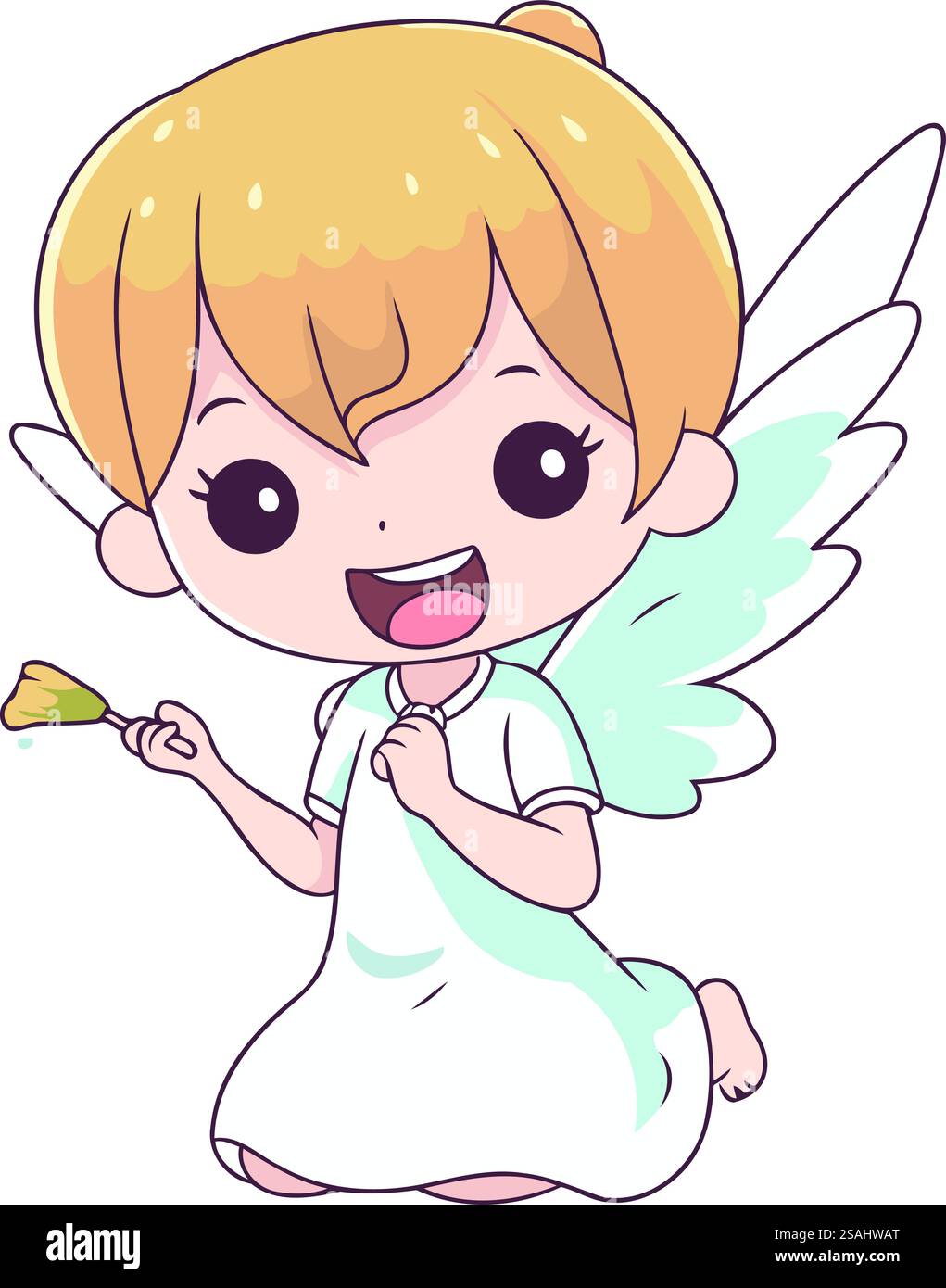 Cute little angel with wings holding a paint brush. Vector illustration ...