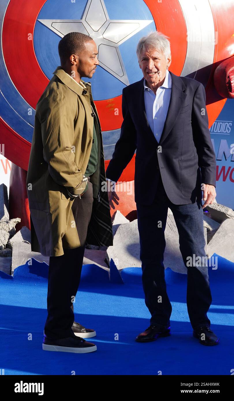 Anthony Mackie (left) and Harrison Ford attend a photo call for Captain