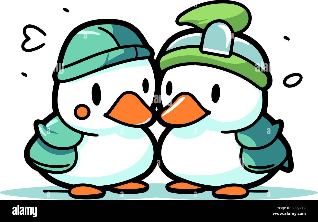 Cute penguins in winter clothes. Vector illustration. Cartoon character ...
