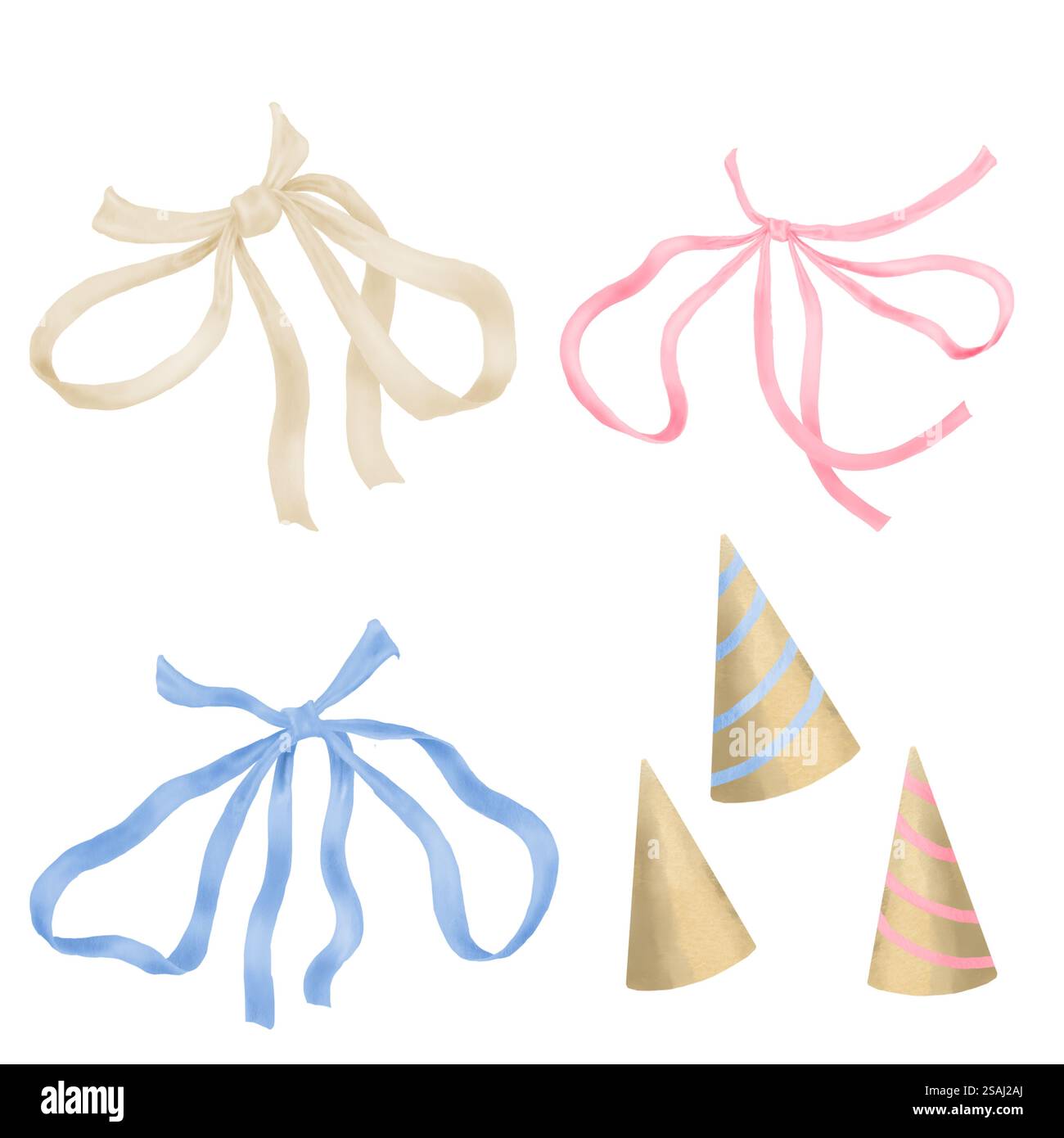 Cute bows in pink, beige and blue. Party hats. Watercolor digital illustration. Satin ribbon bow isolated on white background. Gender reveal party, bi Stock Photo