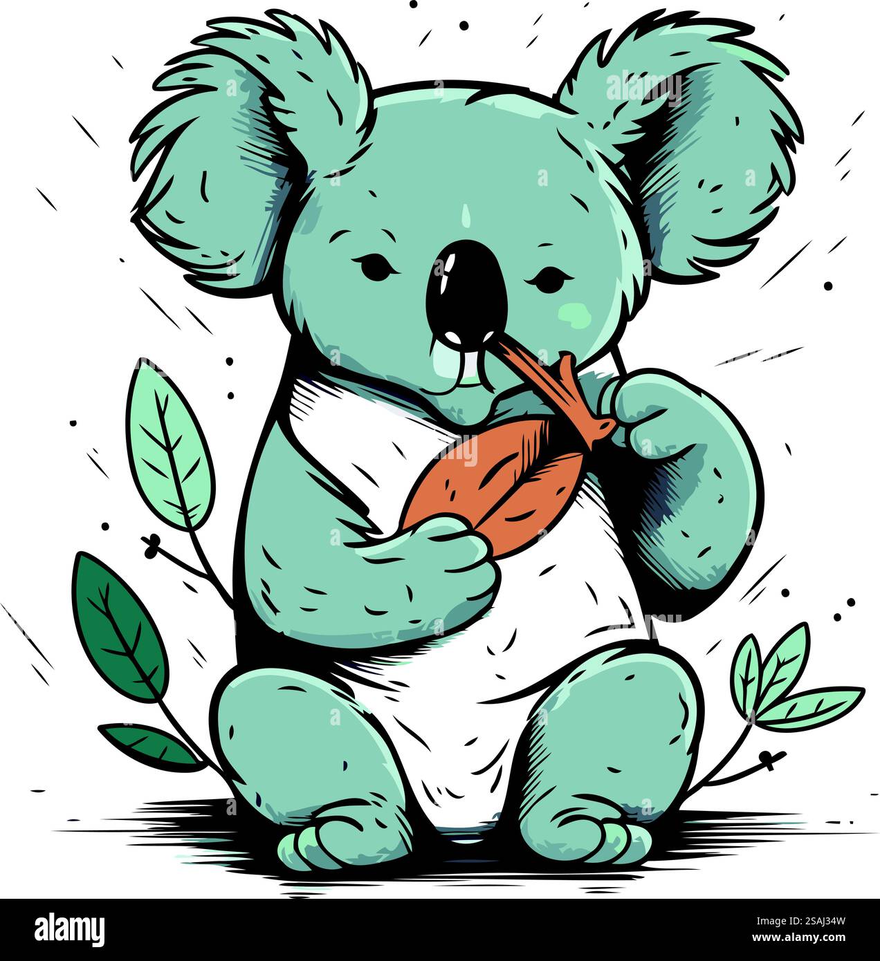 Cute koala with a leaf in his hand. Vector illustration Stock Vector ...