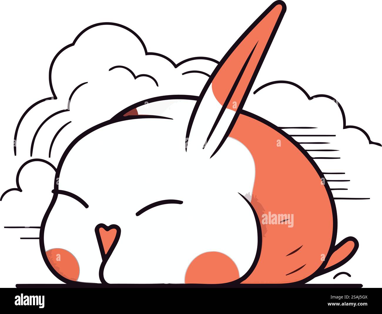 Cute cartoon rabbit sleeping on the clouds. Vector illustration in line ...