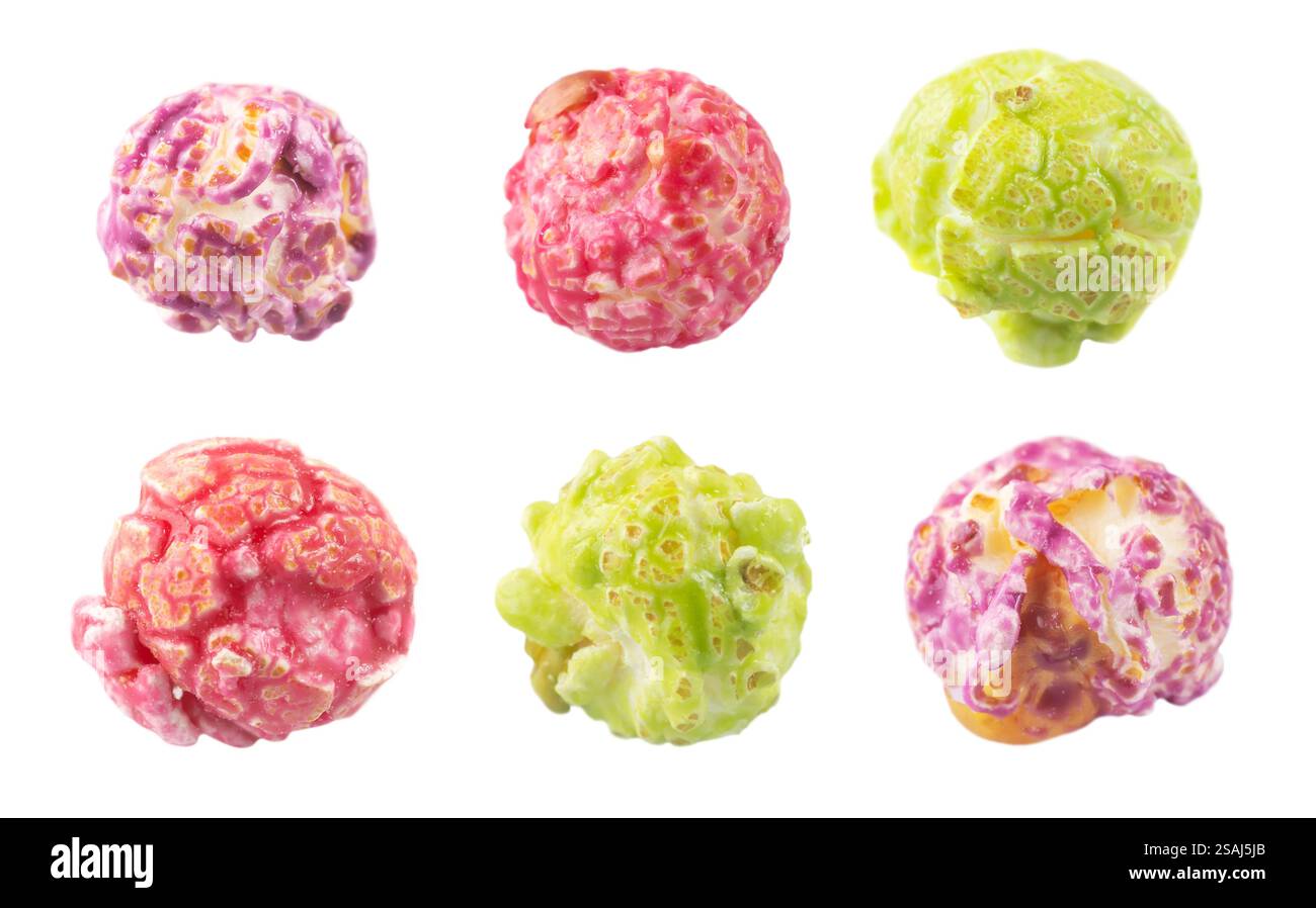 Colored fruity popcorn isolated on white background. Stock Photo